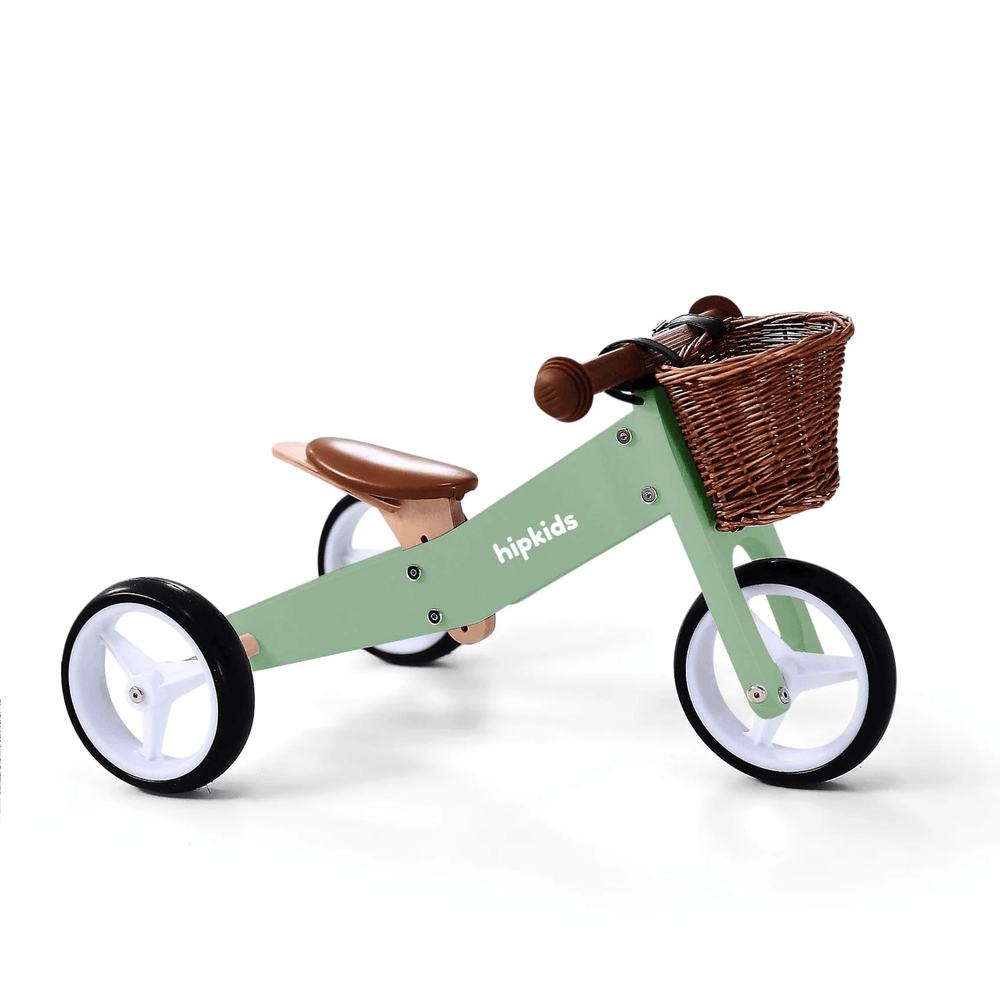 2 in 1 Toddler Mini-Trike/Balance Bike with Wicker Basket Olive