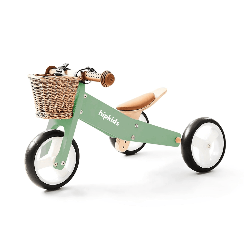 2 in 1 Toddler Mini-Trike/Balance Bike with Wicker Basket Olive