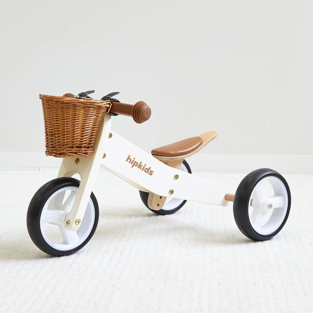 2 in 1 Toddler Mini-Trike/Balance Bike with Wicker Basket Ivory