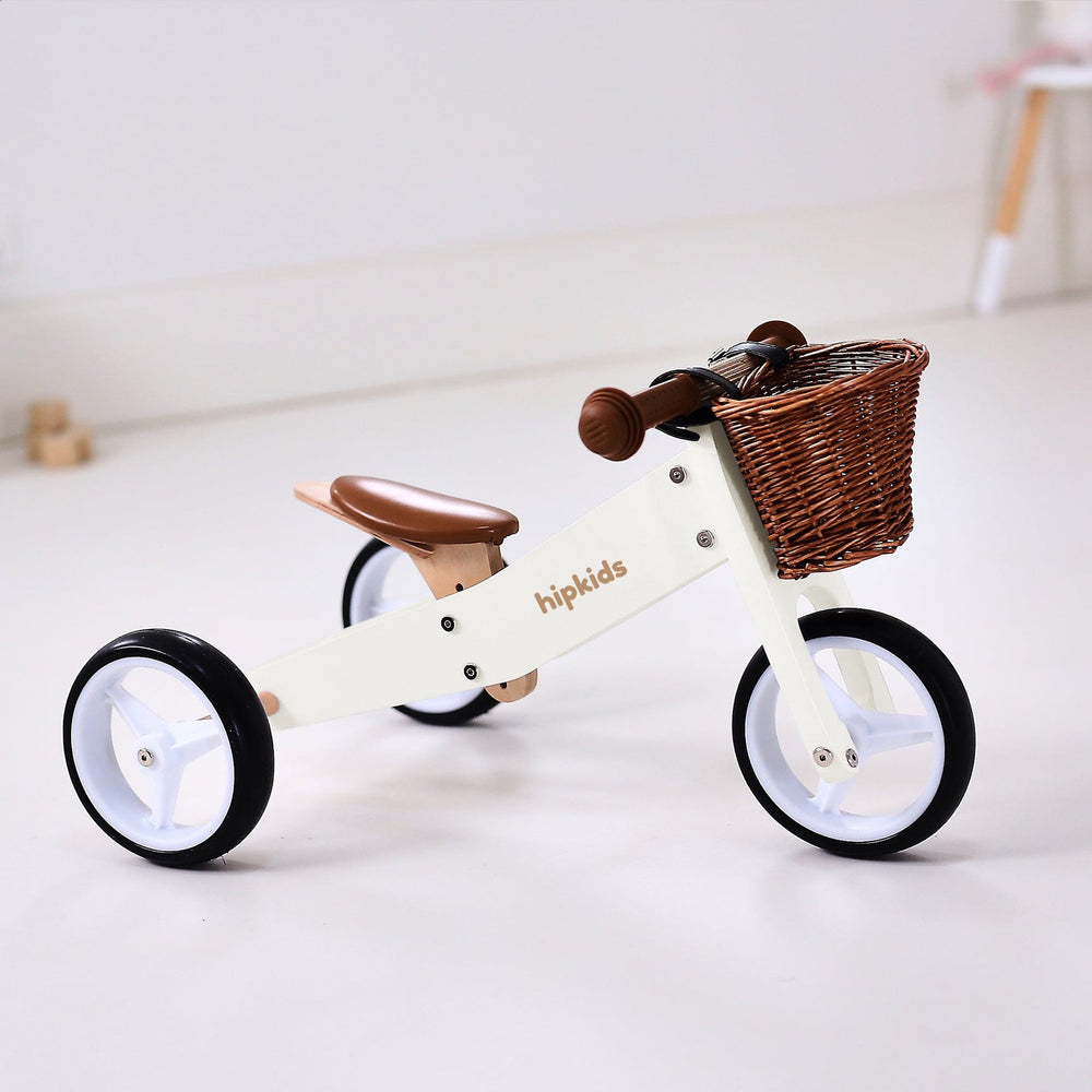 2 in 1 Toddler Mini-Trike/Balance Bike with Wicker Basket Ivory